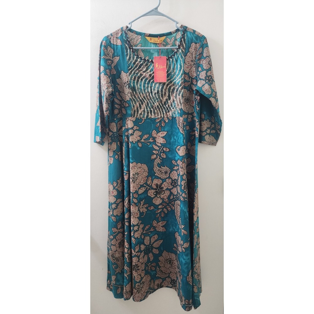 Nirvi Teal Floral Kurti Dress Sequin Bodice 3/4 Sleeve Womens Medium New‎